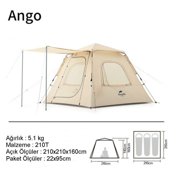 Naturehike Ango Pop Up (UPF 50+) Otomatik 3 Kişilik Aile Çadırı Bej