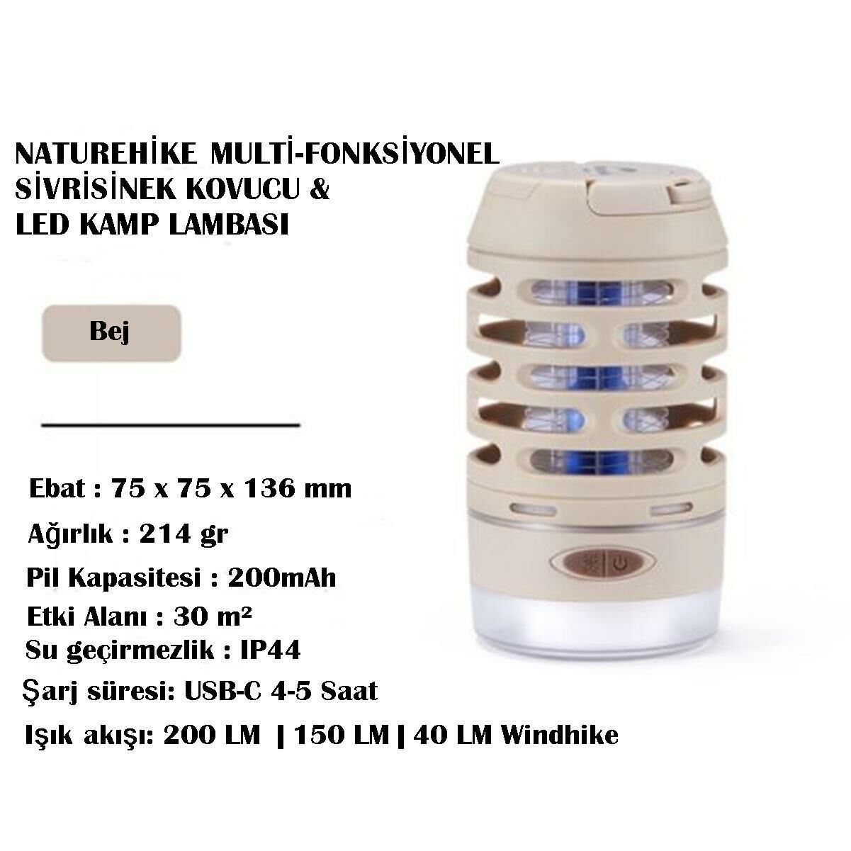 Naturehike Multi-Fonksiyonel Sivrisinek Kovucu & LED Kamp Lambası Bej